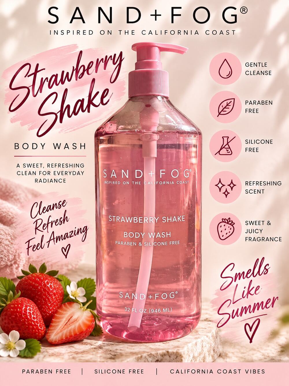 Sand + Fog Strawberry Shake 32 oz Body Wash NEW